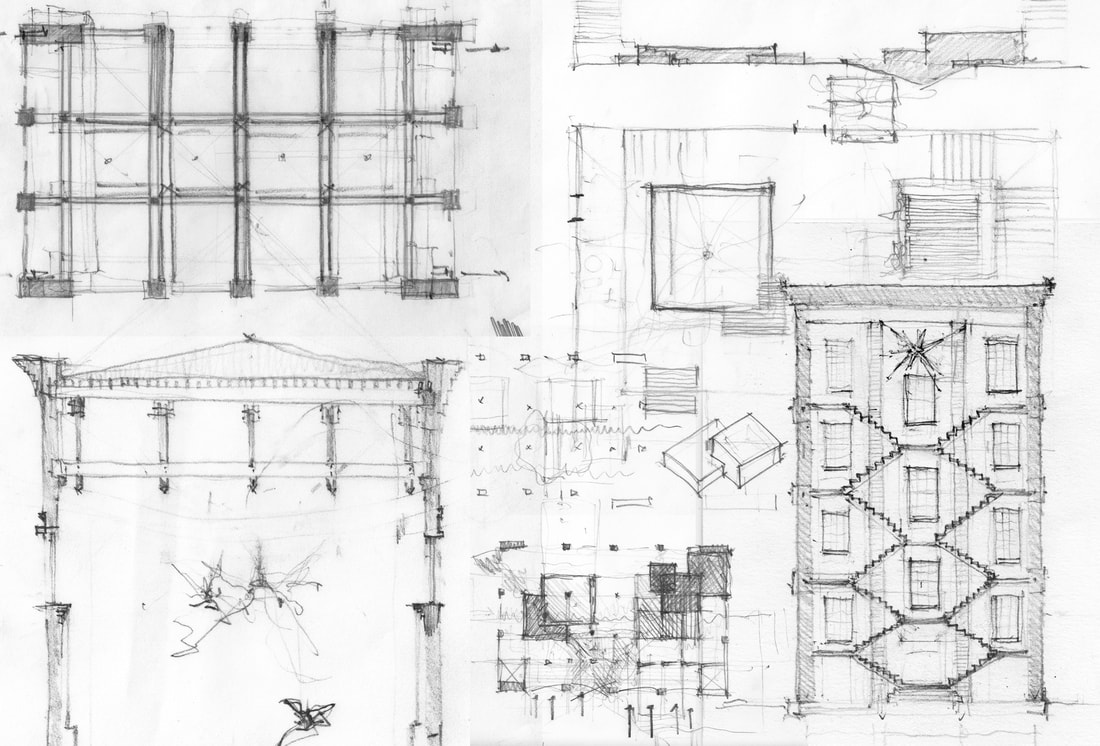 Pencil Drawing Sketch by Masters of Architecture Student Henry Rose at UTSOA University of Texas Austin School of Architecture showing structure, plan, elevation, Chicago style high rise, factory, brick