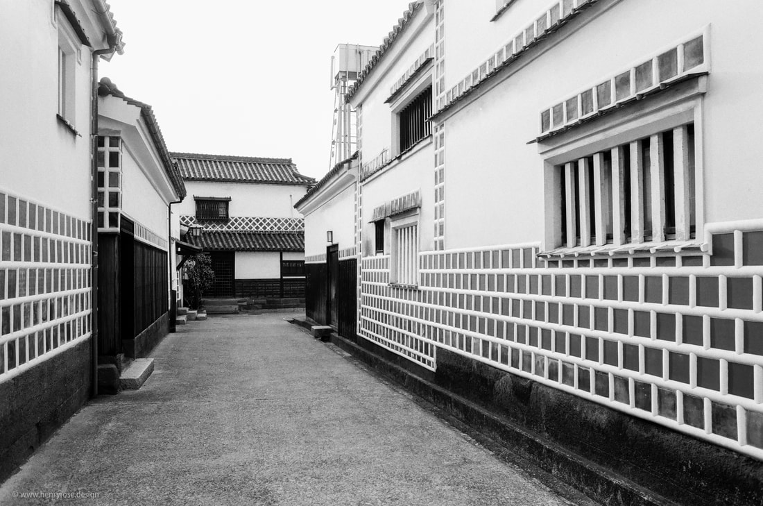 Kurashiki, Japan, Vernacular Architecture Building Style, Tiles, Mortar, Stucco, Concrete, Black and White 35mm Film 