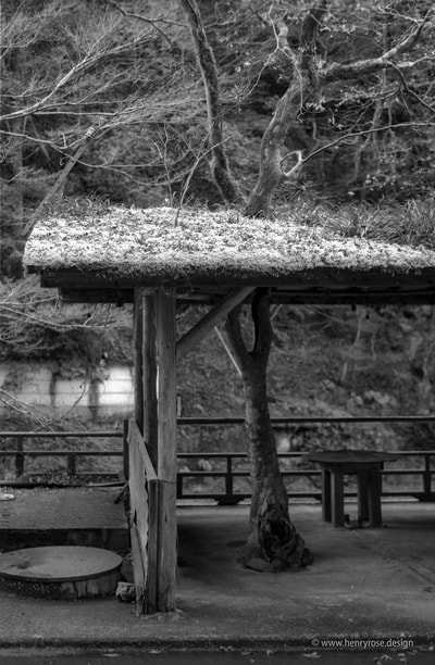 bust stop platform moss roof with tree takao kyoto japan rain in december black and white 35 film aaron henry rose フィルム　日本　京都　高雄  