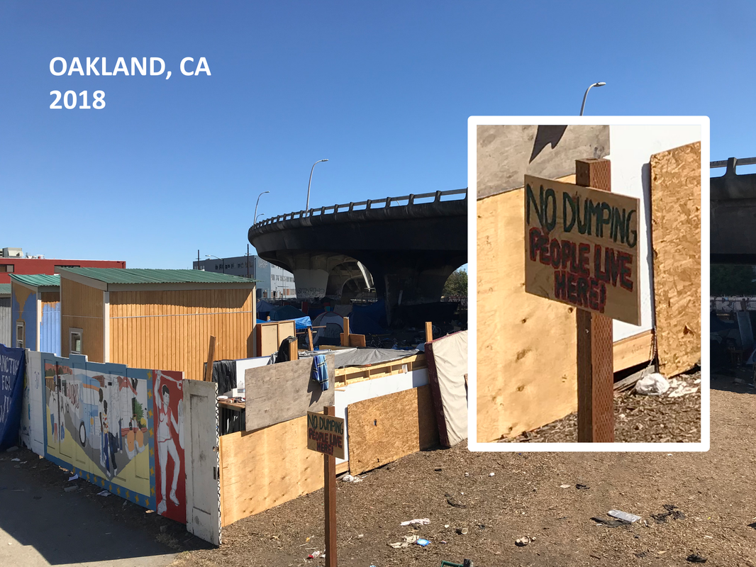 Pop up, temporary housing in Oakland California, Shacks by the Freeway. 
